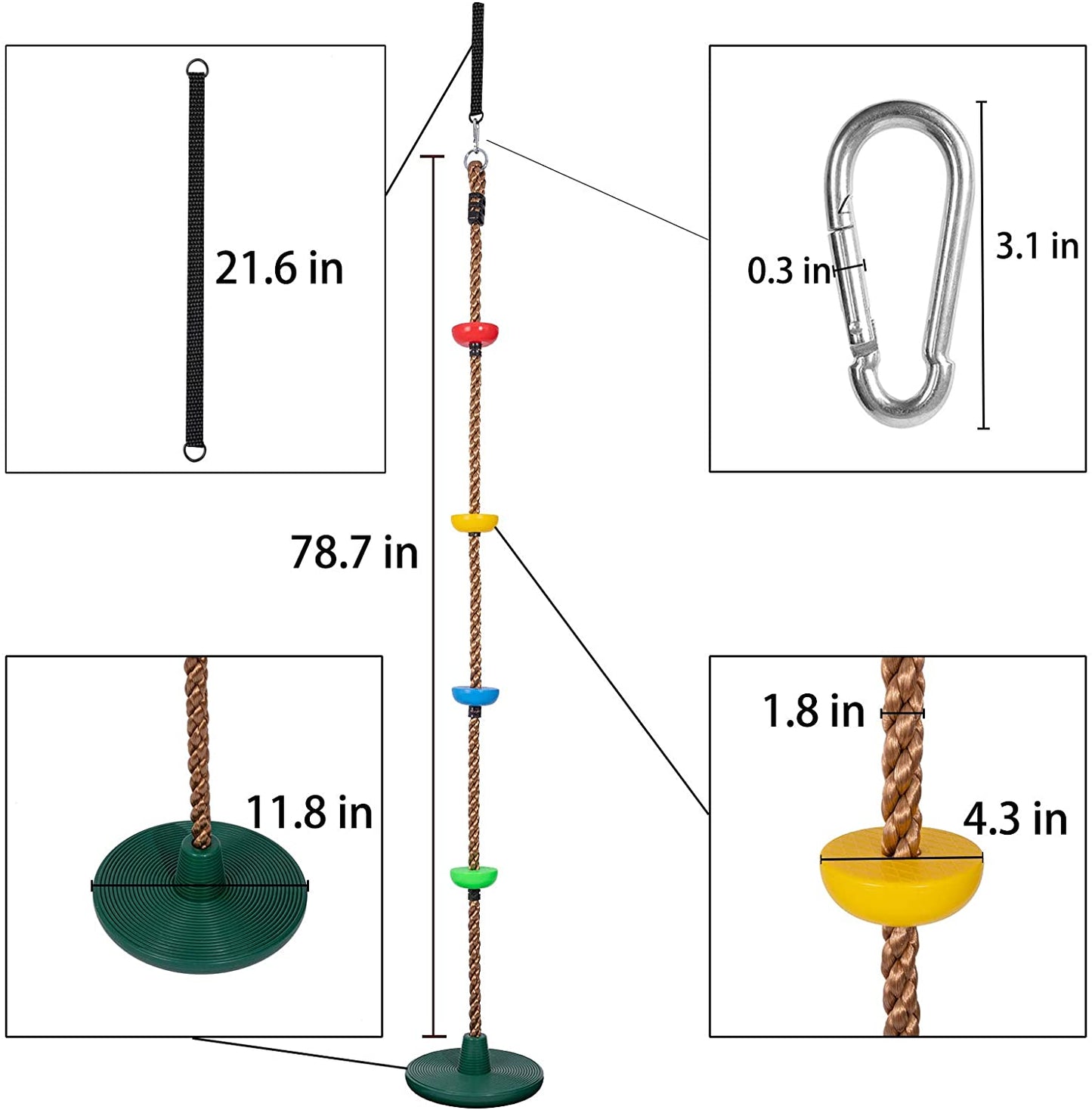 Balançoire à corde pour enfant avec plateformes et disque de balançoire d'extérieur avec sangle de suspension et mousqueton de verrouillage 2 m