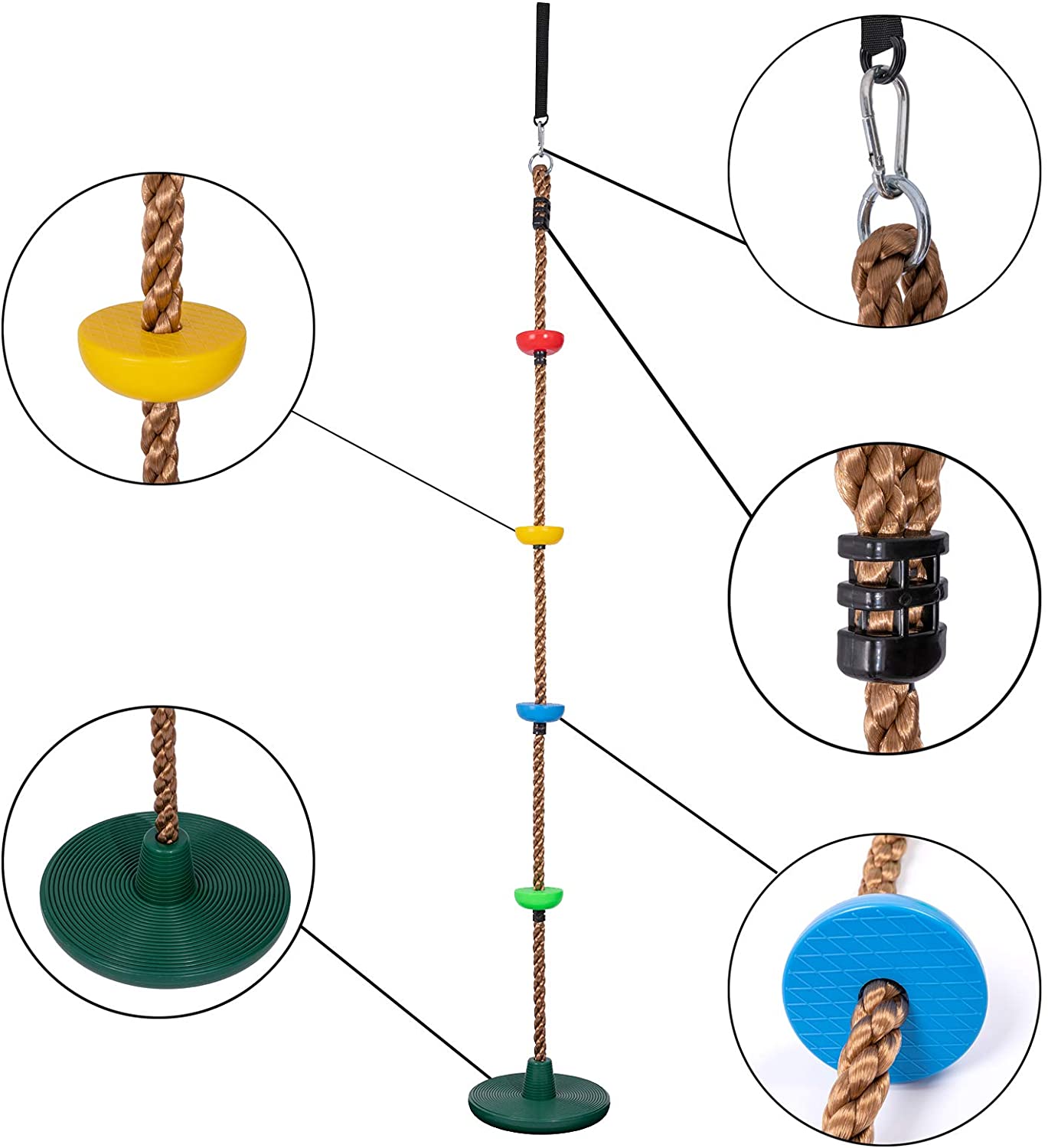 Balançoire à corde pour enfant avec plateformes et disque de balançoire d'extérieur avec sangle de suspension et mousqueton de verrouillage 2 m