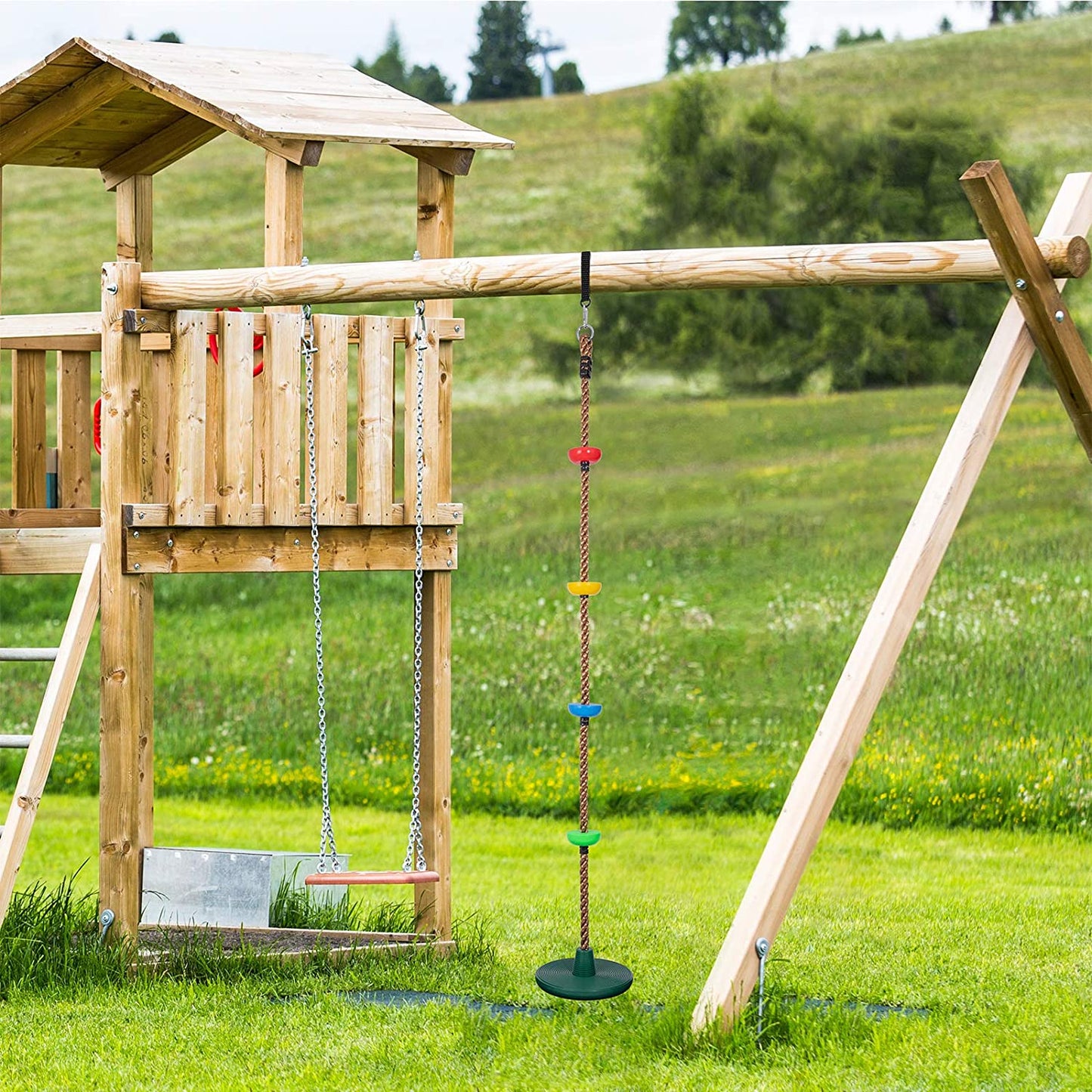 Balançoire à corde pour enfant avec plateformes et disque de balançoire d'extérieur avec sangle de suspension et mousqueton de verrouillage 2 m