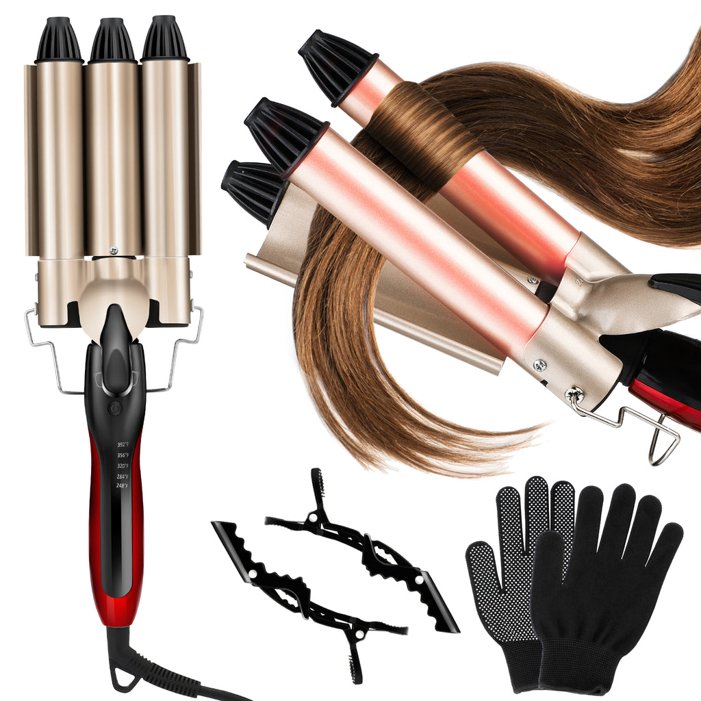 #003 Fer à friser professionnel à 3 barils de 2,5 cm avec température réglable pour chauffer rapidement les outils chauds, double tension (OR)