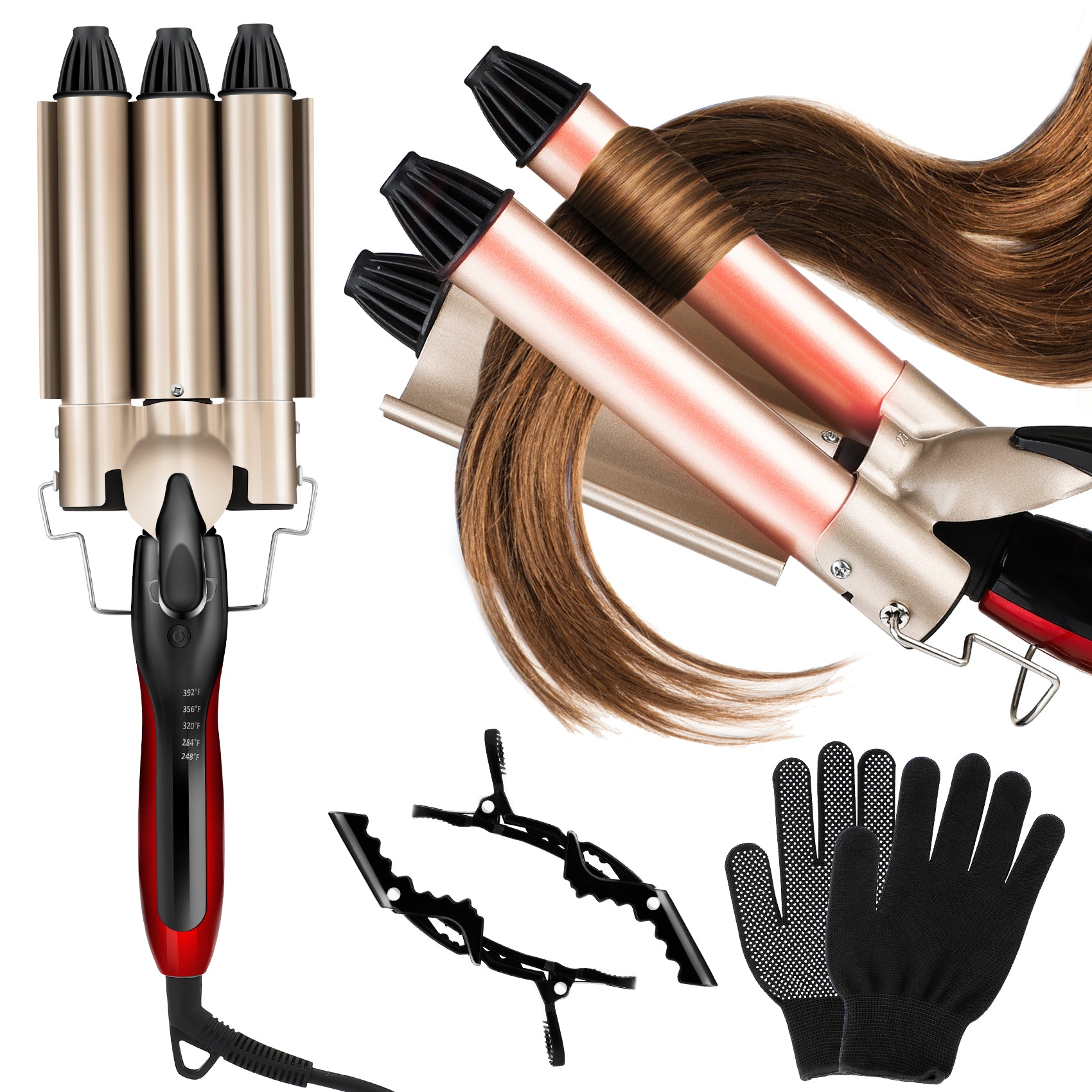 #003 Fer à friser professionnel à 3 barils de 2,5 cm avec température réglable pour chauffer rapidement les outils chauds, double tension (OR)