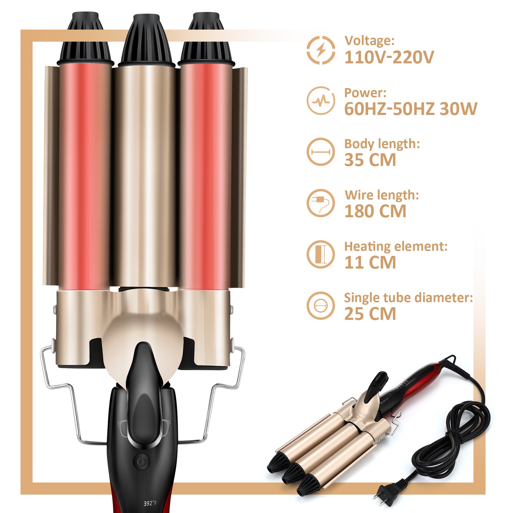 #003 Fer à friser professionnel à 3 barils de 2,5 cm avec température réglable pour chauffer rapidement les outils chauds, double tension (OR)