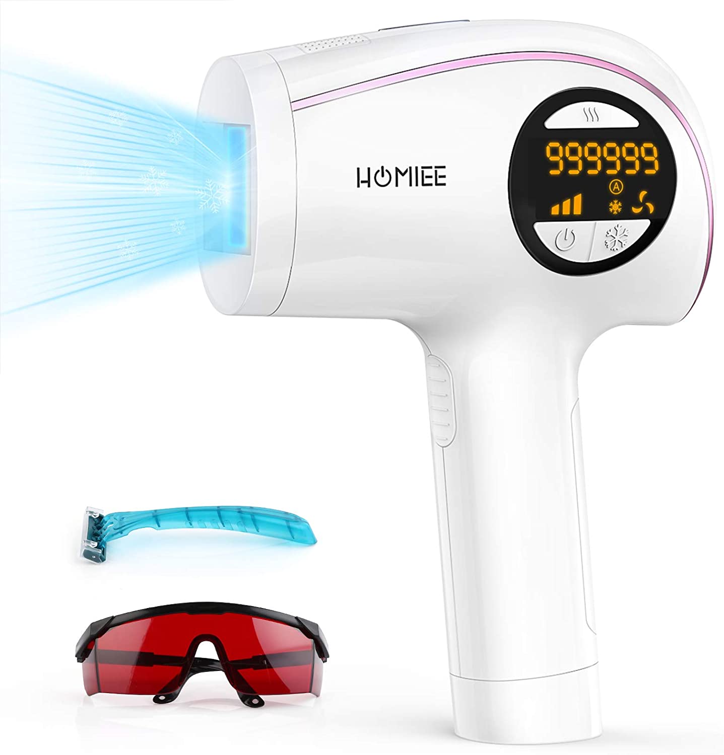 Homiee IPL Hair Removal Device Home Use IPL Hair Remover 999.999 Light Pulse & 3 cm2 Hair Removal Size, Permanent Hair Removal Device for Body, Face, Bikini Zone, Intimate Area