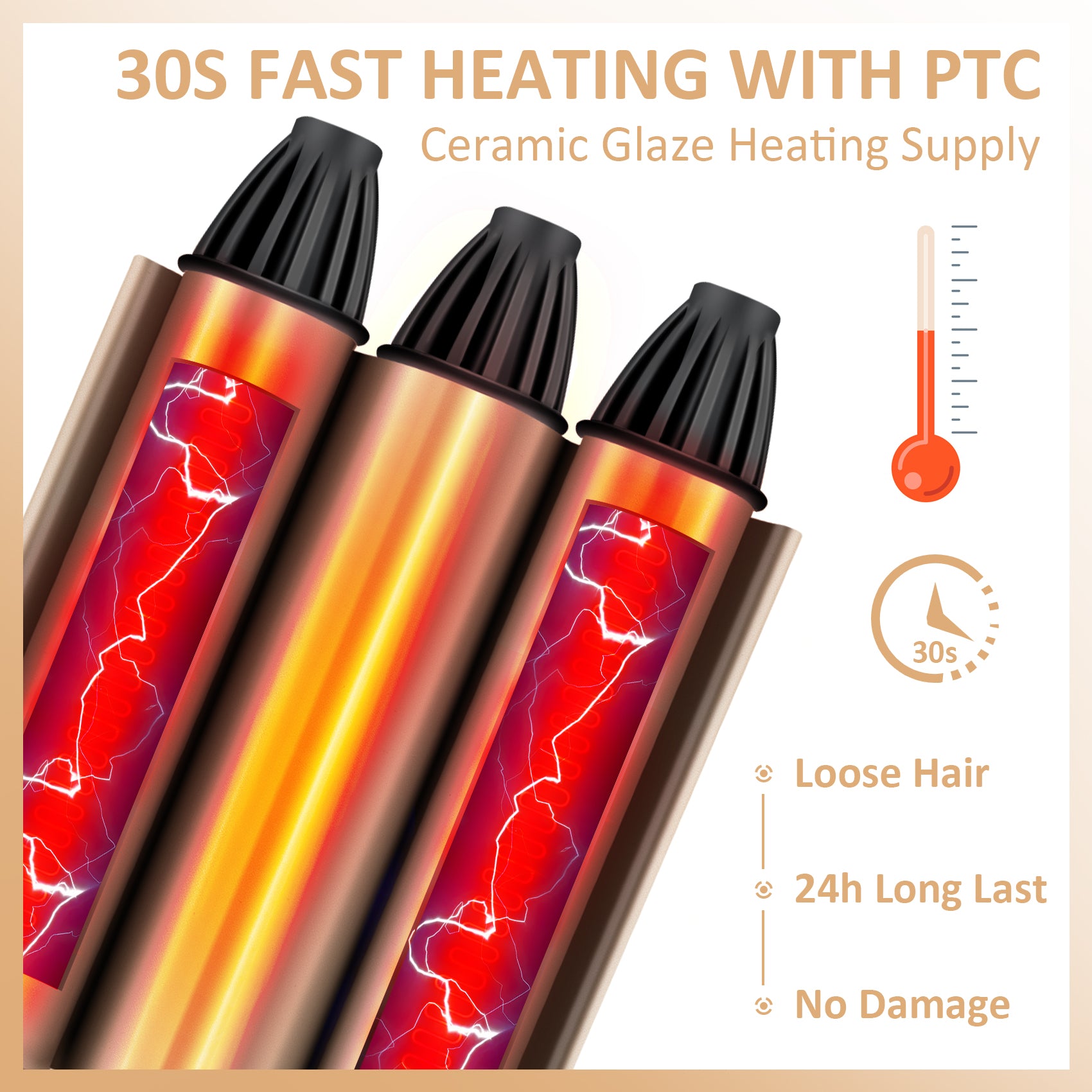 #003 Fer à friser professionnel à 3 barils de 2,5 cm avec température réglable pour chauffer rapidement les outils chauds, double tension (OR)