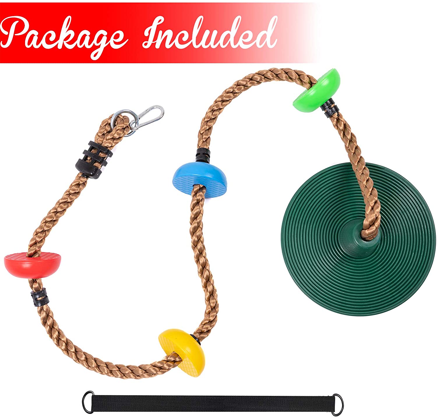 Children's Rope Swing with Platforms and Outdoor Swing Disc with Hanging Strap and Locking Carabiner 2m 