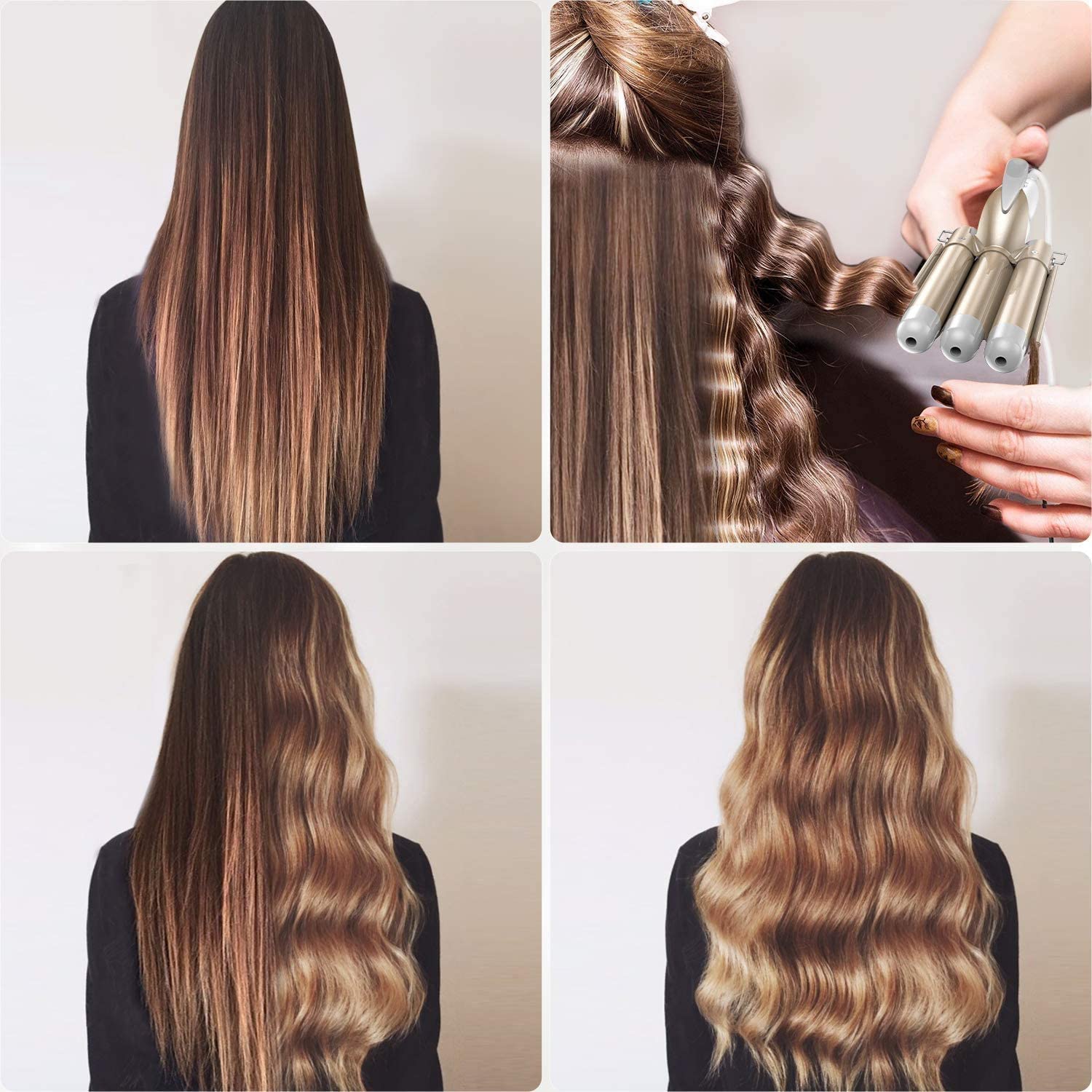 #003 Fer à friser professionnel à 3 barils de 2,5 cm avec température réglable pour chauffer rapidement les outils chauds, double tension (OR)