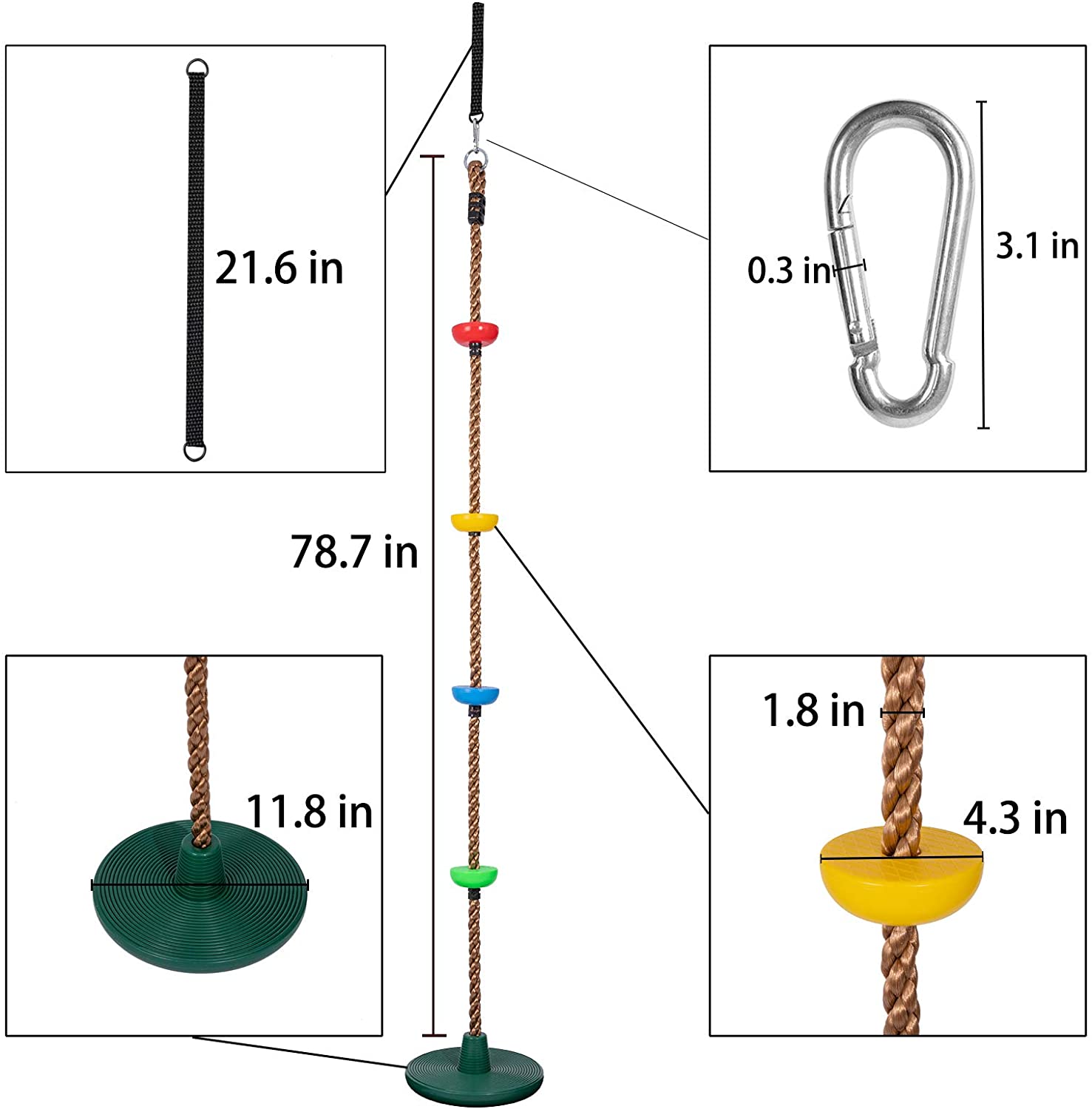 Children's Rope Swing with Platforms and Outdoor Swing Disc with Hanging Strap and Locking Carabiner 2m 