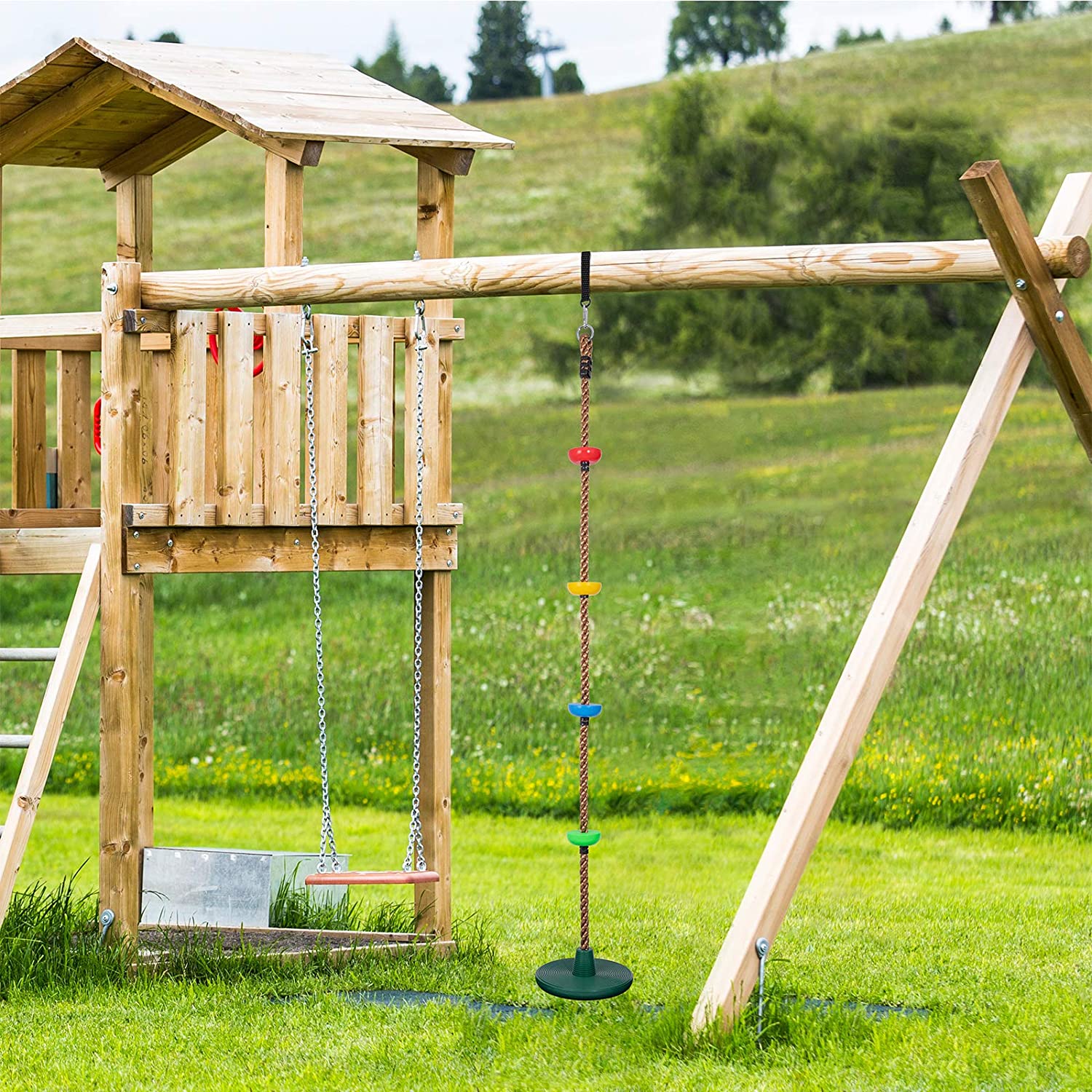 Children's Rope Swing with Platforms and Outdoor Swing Disc with Hanging Strap and Locking Carabiner 2m 