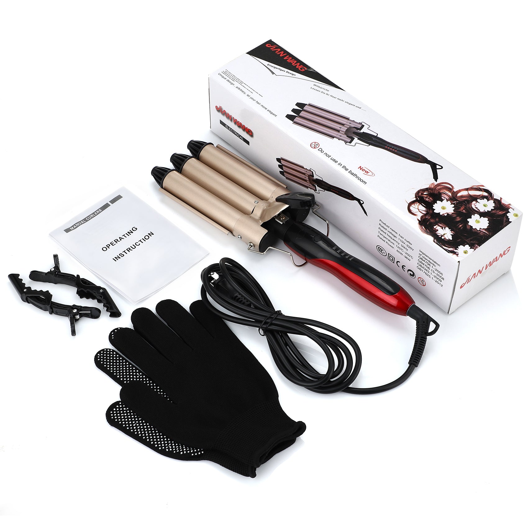 #003 Fer à friser professionnel à 3 barils de 2,5 cm avec température réglable pour chauffer rapidement les outils chauds, double tension (OR)