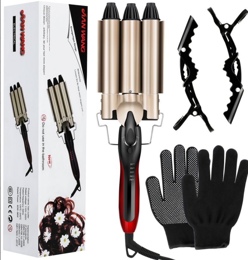 #003 Fer à friser professionnel à 3 barils de 2,5 cm avec température réglable pour chauffer rapidement les outils chauds, double tension (OR)